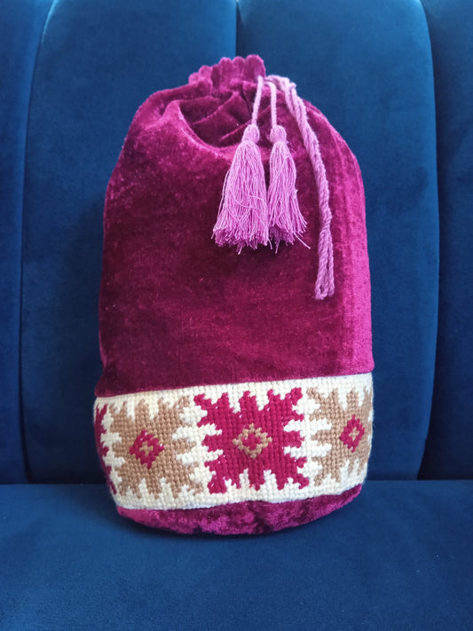 Velvet pouch (Potli bag) with elegant charsooti hand embroidery.